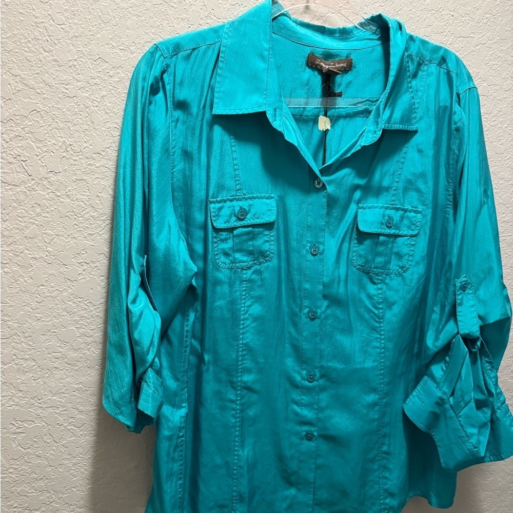 Tommy Bahama Turquoise Button-Down Shirt 100% Silk Size XL